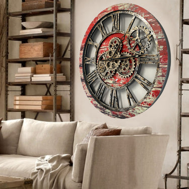 Large 24 Inch Moving Gear Wall Clock for Farmhouse Living Room Decor