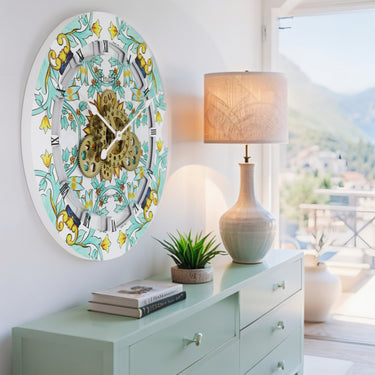 HORLOGE DE BUREAU/MURALE CONVERTIBLE AVEC VRAIS ENGRENAGES MOBILES 10 POUCES VERT AQUA