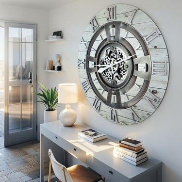ENGLAND LINE WALL CLOCK ROUND 24 INCH WHITE FARMHOUSE