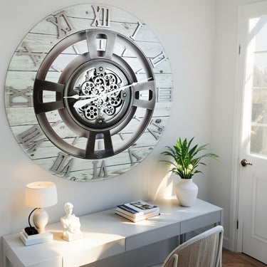 ENGLAND LINE WALL CLOCK ROUND 24 INCH WHITE FARMHOUSE