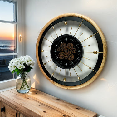 SPAIN LINE WALL CLOCK ROUND 32 INCH "BARCELONA" BLACK AND WOOD