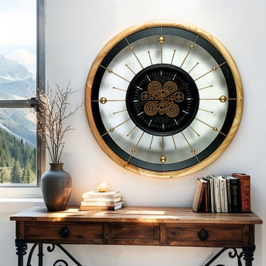 SPAIN LINE WALL CLOCK ROUND 32 INCH "BARCELONA" BLACK AND WOOD