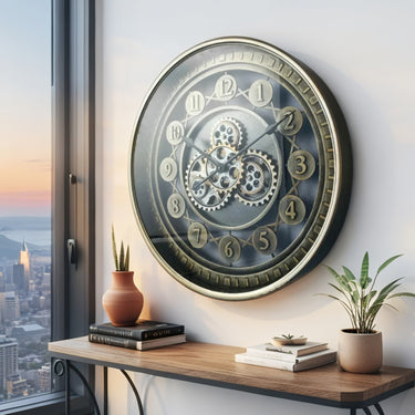 NORWAY LINE WALL CLOCK ROUND 24 INCH "KRISTIANSAND" BRASS-GOLD