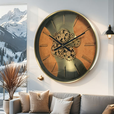 SWEDEN LINE WALL CLOCK ROUND 22 INCH "STOCKHOLM" LEATHER BROWN-GOLD