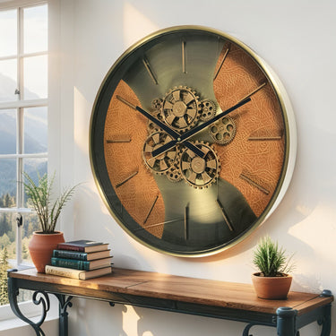 SWEDEN LINE WALL CLOCK ROUND 22 INCH "STOCKHOLM" LEATHER BROWN-GOLD