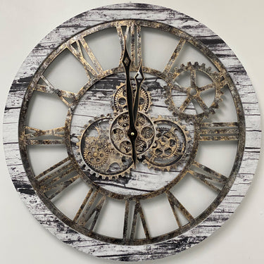 HORLOGE MURALE AVEC VRAIS ENGRENAGES MOBILES 24 POUCES GRIS ET BLANC