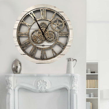 HORLOGE MURALE AVEC VRAIS ENGRENAGES MOBILES 24 POUCES BLANC FERME