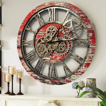 HORLOGE MURALE AVEC VRAIS ENGRENAGES MOBILES 24 POUCES ROUGE LAVE