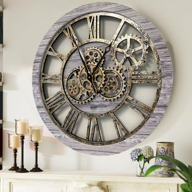 HORLOGE MURALE AVEC VRAIS ENGRENAGES MOBILES 24 POUCES GRIS ARGENT