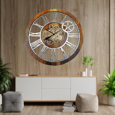 HORLOGE MURALE AVEC VRAIS ENGRENAGES MOBILES 36 POUCES BRUN VINTAGE