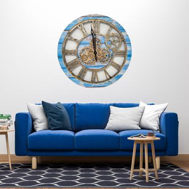 HORLOGE MURALE AVEC VRAIS ENGRENAGES MOBILES 24 POUCES BLEU OCÉAN