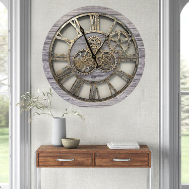 HORLOGE MURALE AVEC VRAIS ENGRENAGES MOBILES 24 POUCES GRIS ARGENT