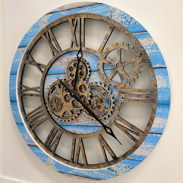 HORLOGE MURALE AVEC VRAIS ENGRENAGES MOBILES 24 POUCES BLEU OCÉAN