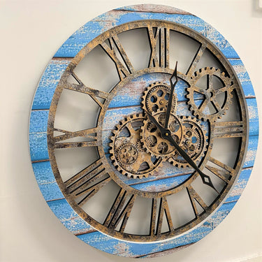 HORLOGE MURALE AVEC VRAIS ENGRENAGES MOBILES 24 POUCES BLEU OCÉAN