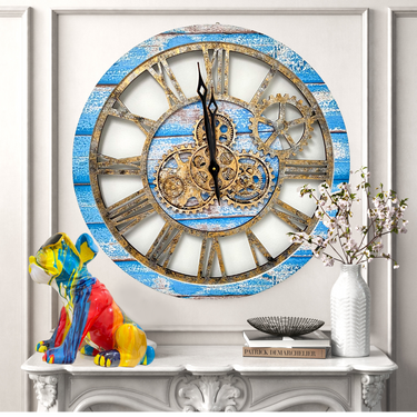 HORLOGE MURALE AVEC VRAIS ENGRENAGES MOBILES 24 POUCES BLEU OCÉAN