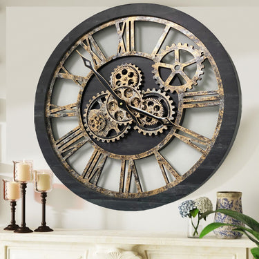 HORLOGE MURALE AVEC VRAIS ENGRENAGES MOBILES 24 POUCES VINTAGE NOIR