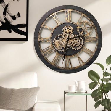 HORLOGE MURALE AVEC VRAIS ENGRENAGES MOBILES 24 POUCES VINTAGE NOIR