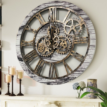 HORLOGE MURALE AVEC VRAIS ENGRENAGES MOBILES 24 POUCES GRIS ET BLANC