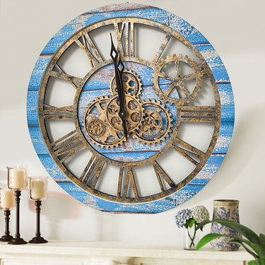 HORLOGE MURALE AVEC VRAIS ENGRENAGES MOBILES 24 POUCES BLEU OCÉAN