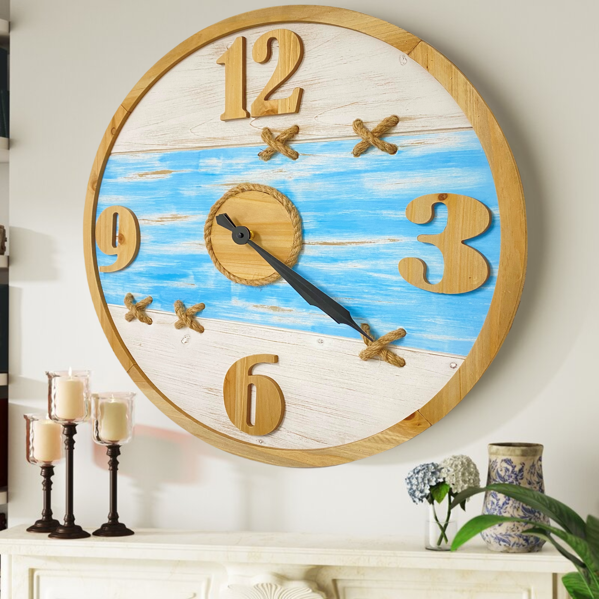 ImprovingLife Horloge murale 24 pouces en bois et corde Grande ferme vintage