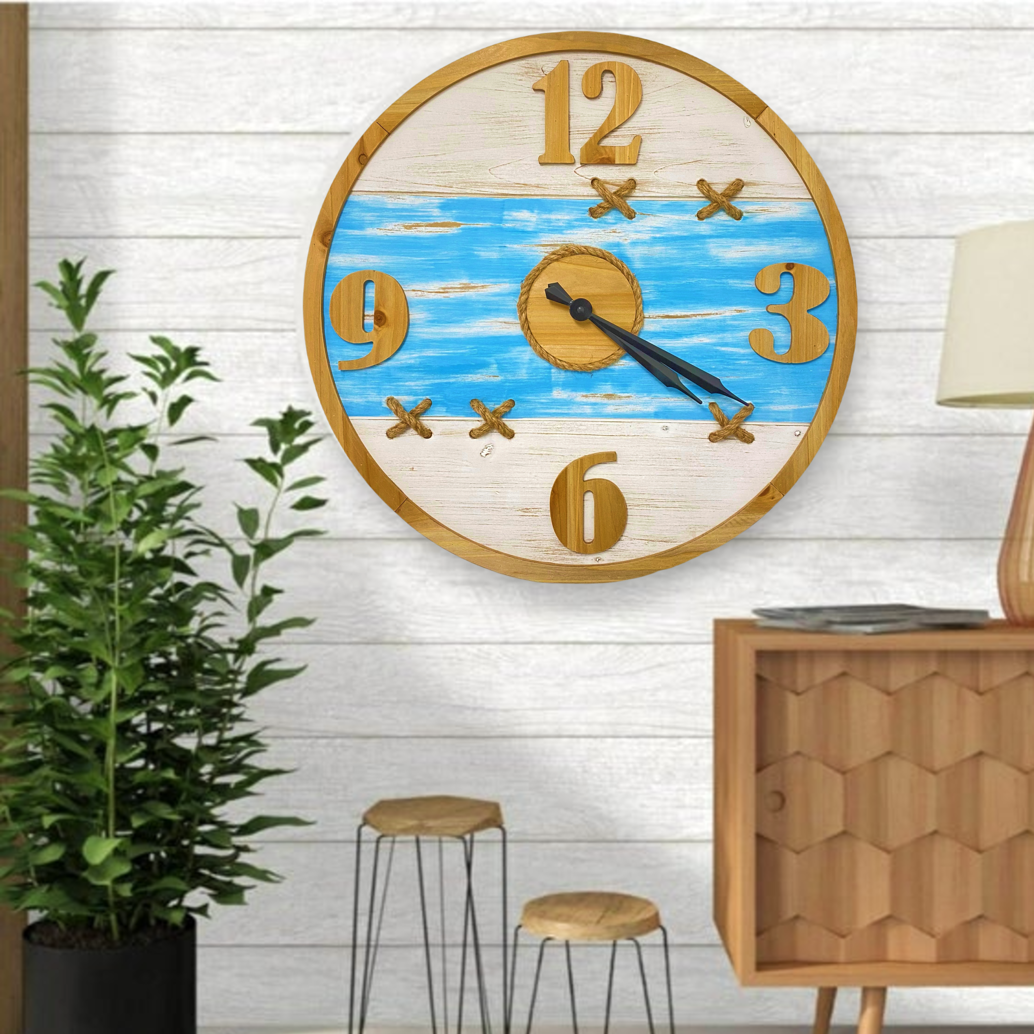 ImprovingLife Horloge murale 24 pouces en bois et corde Grande ferme vintage