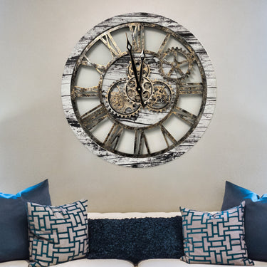 HORLOGE MURALE AVEC VRAIS ENGRENAGES MOBILES 24 POUCES GRIS ET BLANC